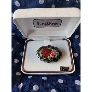 New vintage Legere metal brooch handpainted flowers black/gold